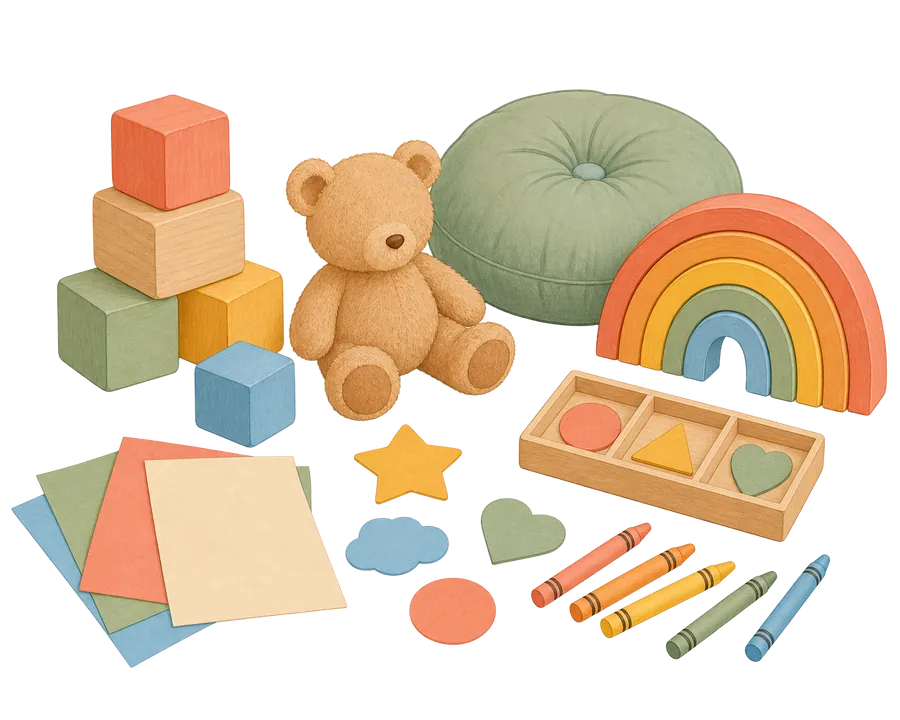 Illustration of play session materials: wooden blocks, crayons, paper shapes, a teddy bear, a cushion and a wooden rainbow